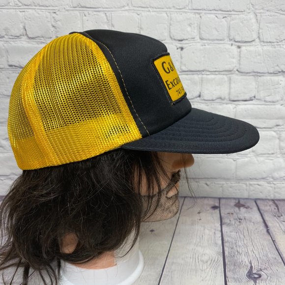 Vintage Trucker Hat Mesh Cap Snapback Black Yellow G&M Excavating Patch Logo 80s - Picture 4 of 8